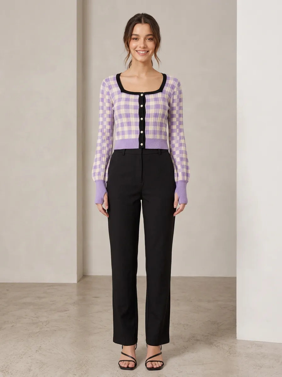 Women's Purple Gingham Checkered Square Neck Buttoned Cardigan Top