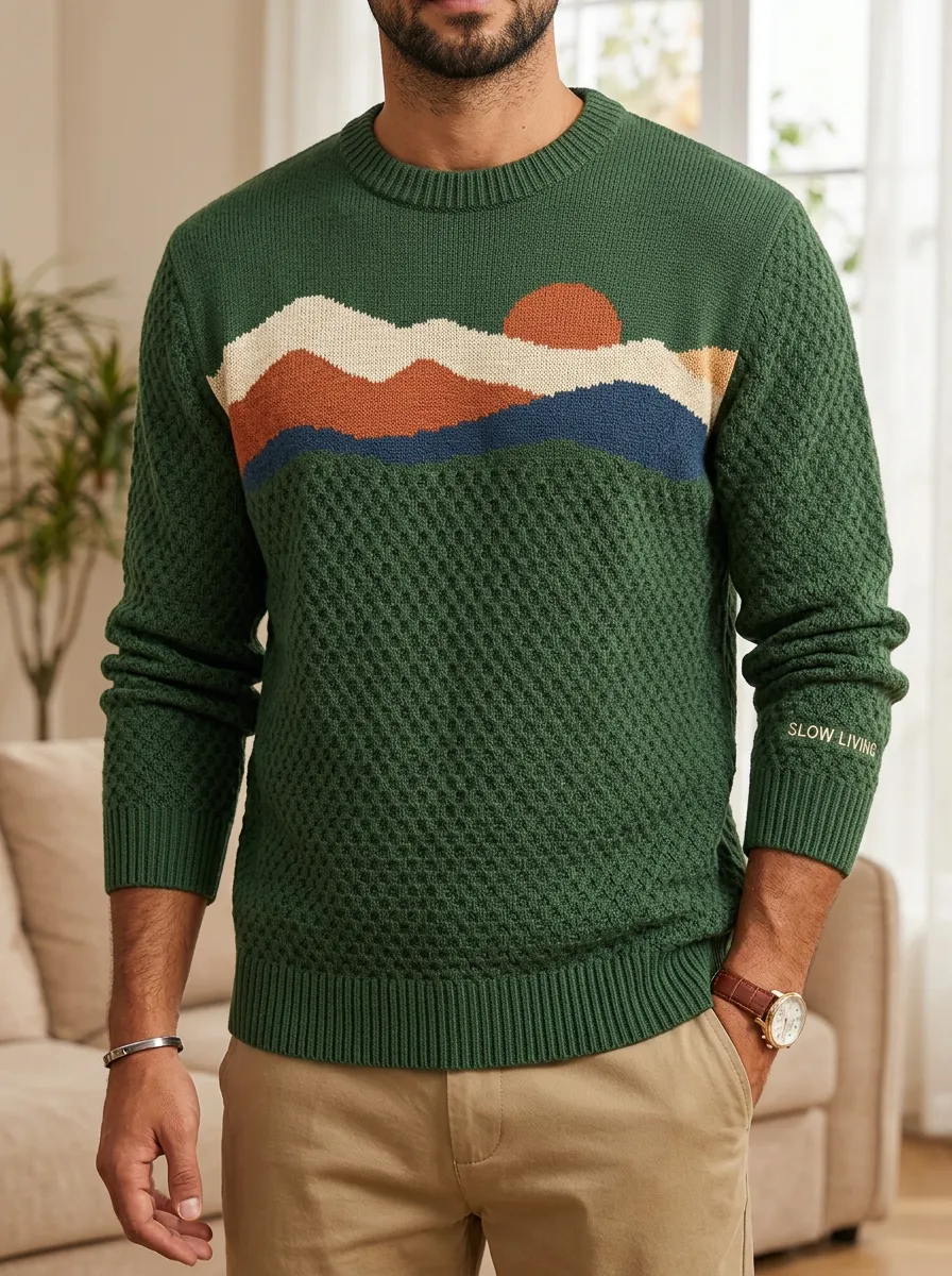 Men's Landscape Intarsia Ribbed Sweater