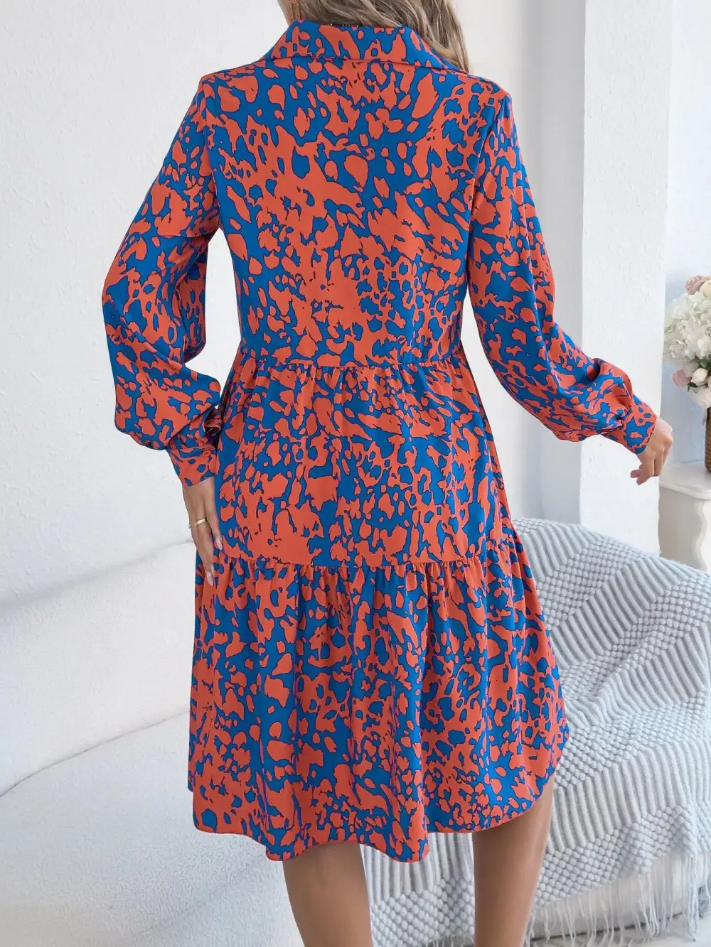 Printed Long Sleeve Collared Dress Casual
