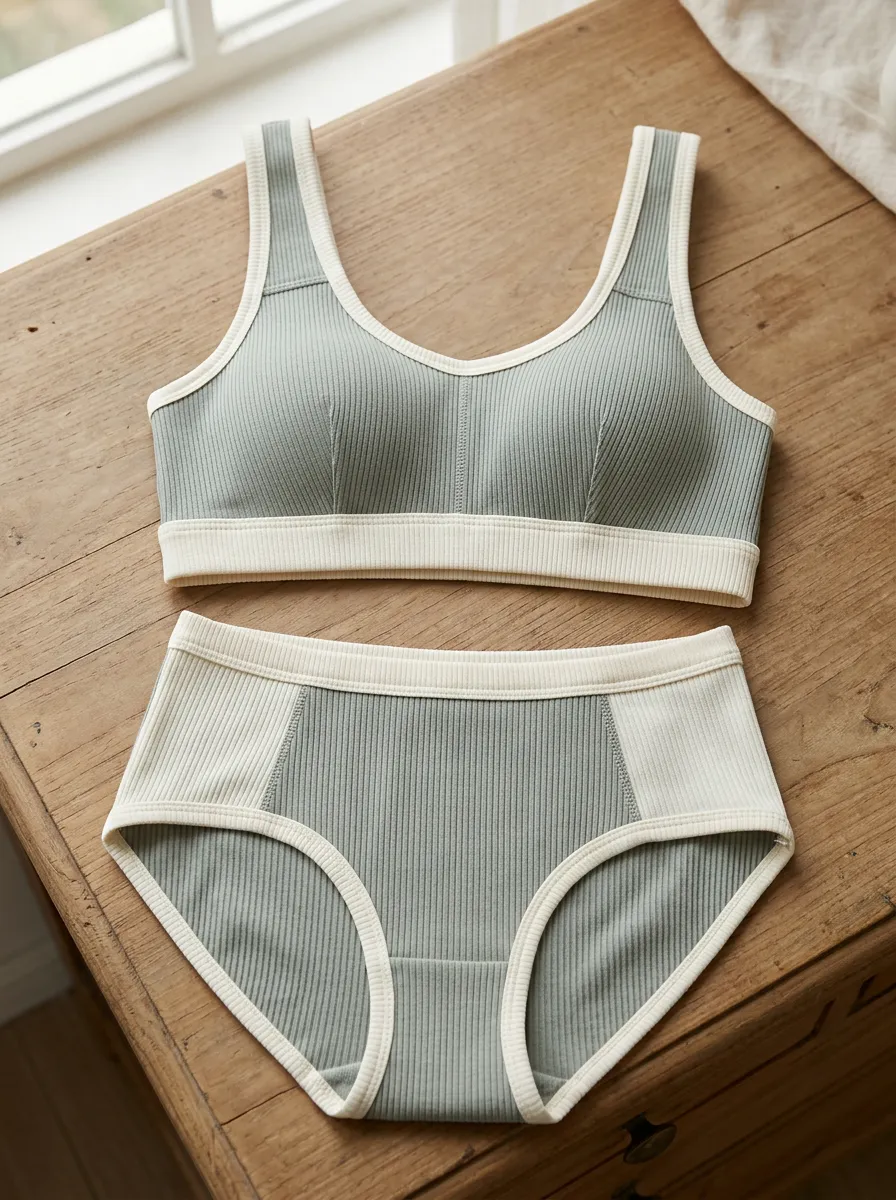 Women's Ribbed Contrast Trim And High Rise Trim Detail Lingerie Set