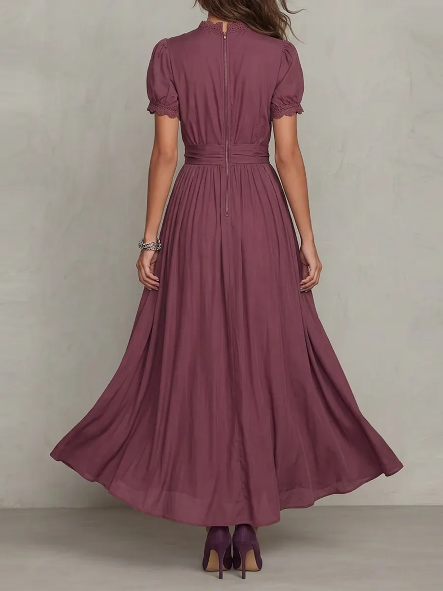 Pleated Buttoned Neck Maxi Dress