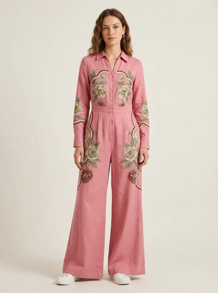 Women's V-Neck Embroidered Floral Jumpsuit