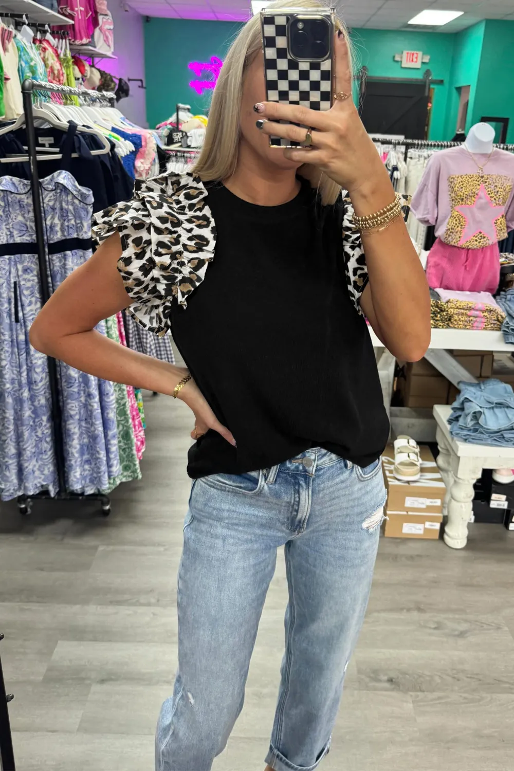 Black Contrast Leopard Ruffled Short Sleeve Top