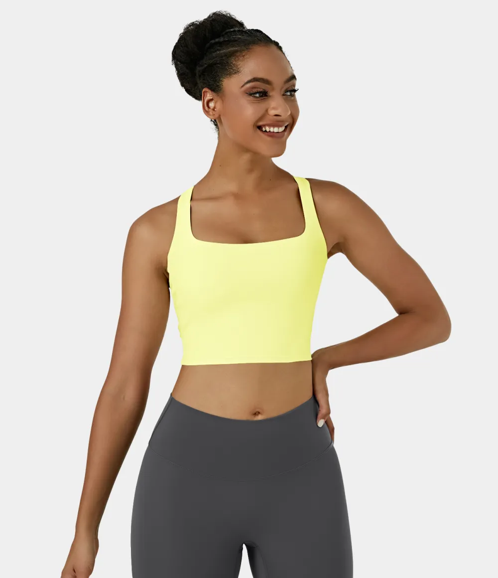 Softlyzero Airy Square Neck Backless Crisscross Cropped Cool Touch Yoga Tank Top-UPF50+