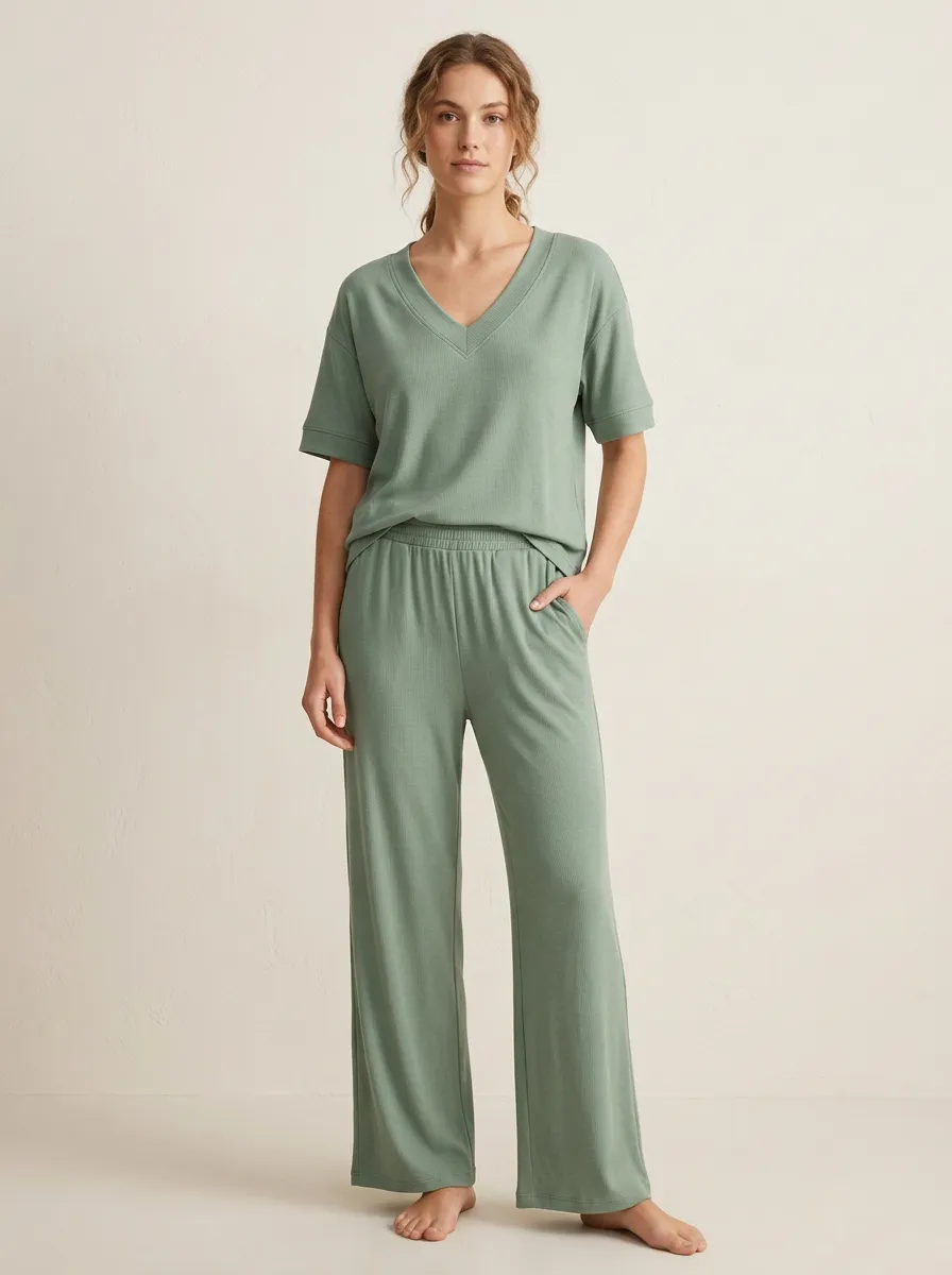 Short-Sleeve Ribbed Relaxed Women's V-Neck Casual Lounge Set