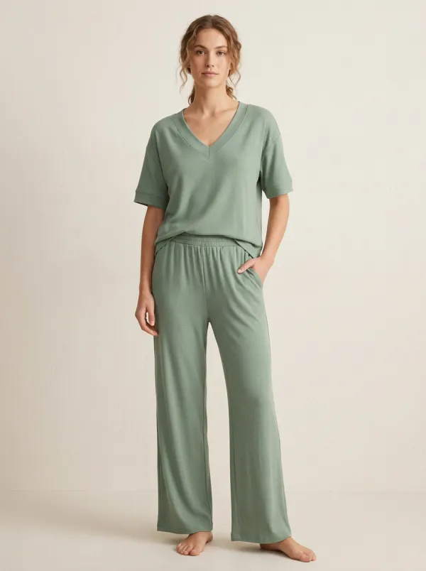 Short-Sleeve Ribbed Relaxed Women's V-Neck Casual Lounge Set
