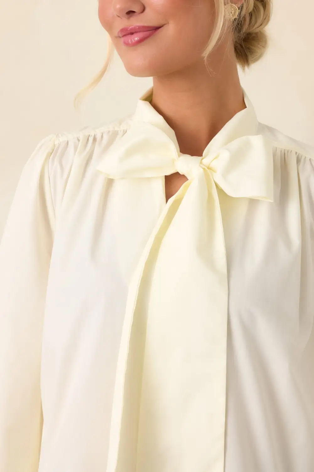 Tie-Neck Long-Sleeve Cotton-Blend Denim Blouse