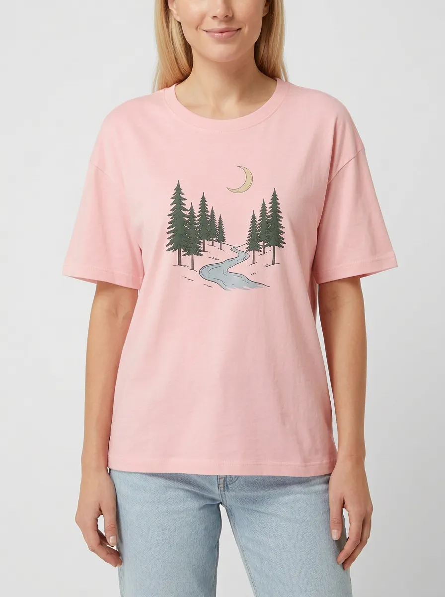 Women's Pine Forest & Moon Graphic Crewneck T-Shirt