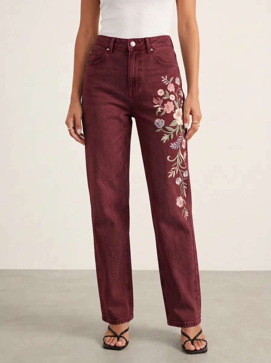 Women's Light Wash Floral Embroidered High-Rise Straight Leg Jeans