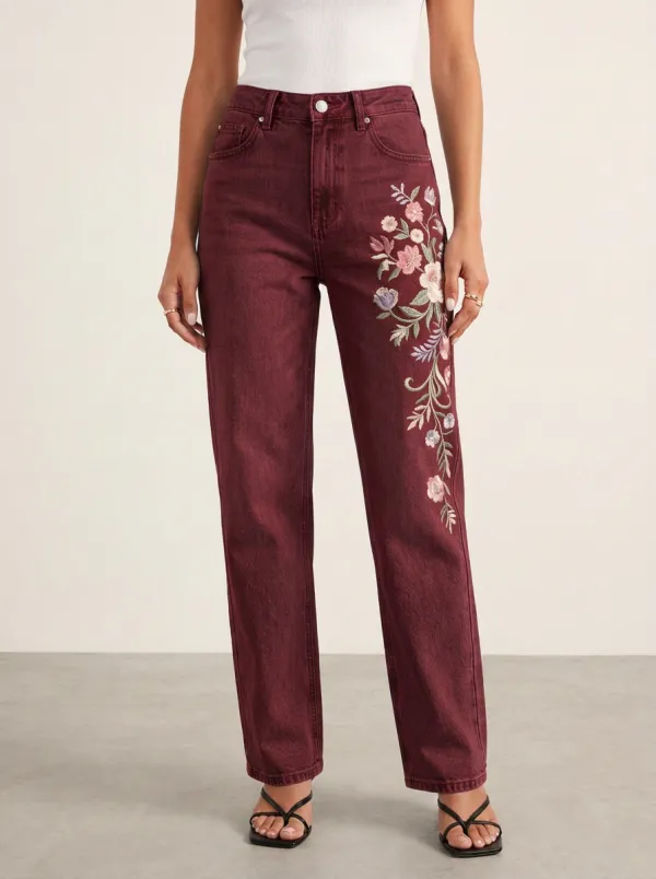 Women's Light Wash Floral Embroidered High-Rise Straight Leg Jeans