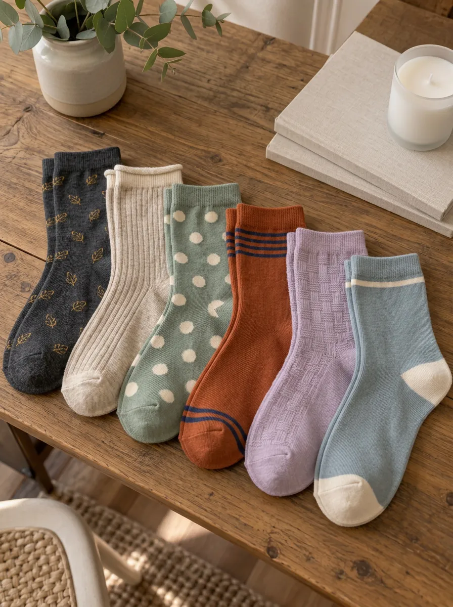 Women's Assorted Leaf Polka Dot Ribbed Striped Color-Block Vintage-Inspired Printed 6-Pack Crew Sock Set