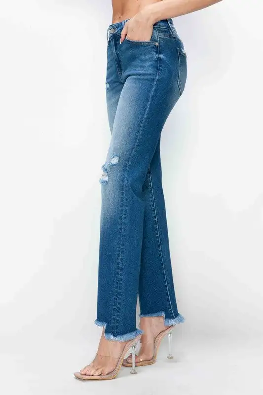 Mid-Rise Raw-Hem Distressed Washed Straight Leg Jeans