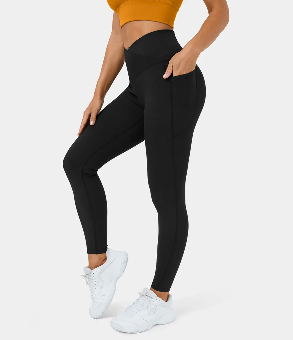 Crossover Side Pocket Stretchy Denim Print Yoga Leggings
