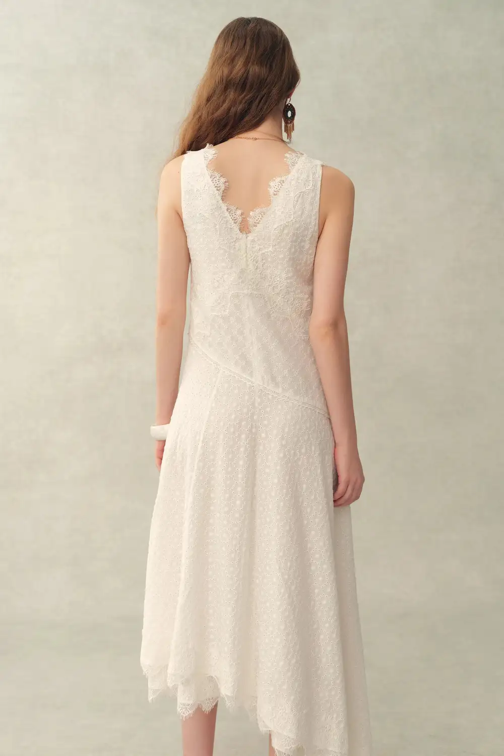 V-Neck Sleeveless Lace Embroidered Linen Dress