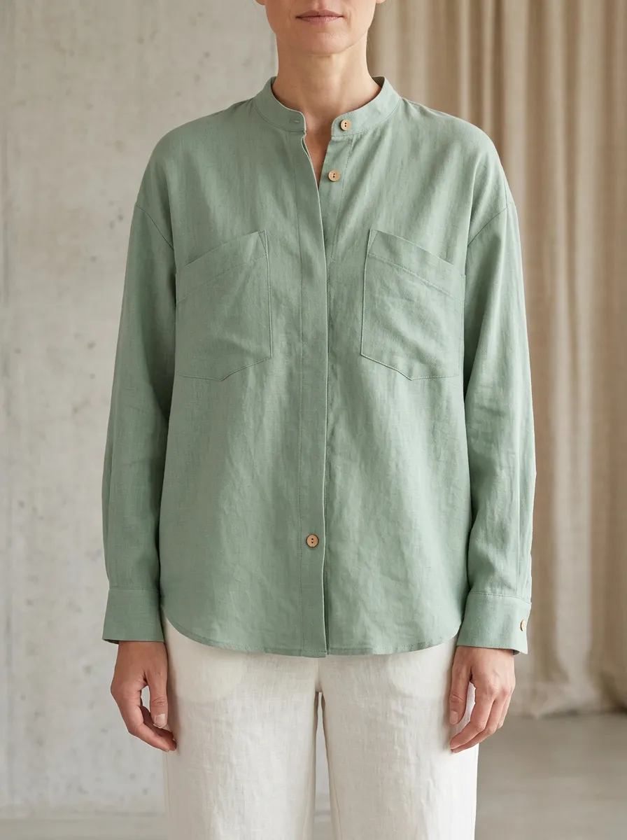 Women's Casual Sage Green Mandarin Collar Button-Down Linen Shirt