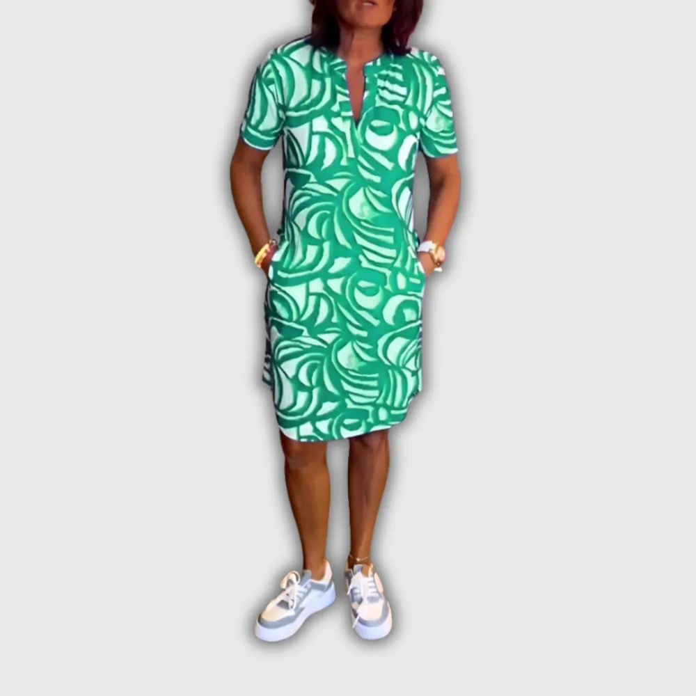 V-Neck Cotton Pocket Detail Casual Dress