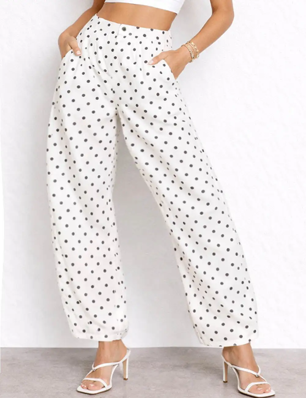 Chic Polka Dot Color Block Barrel Leg Denim Pants