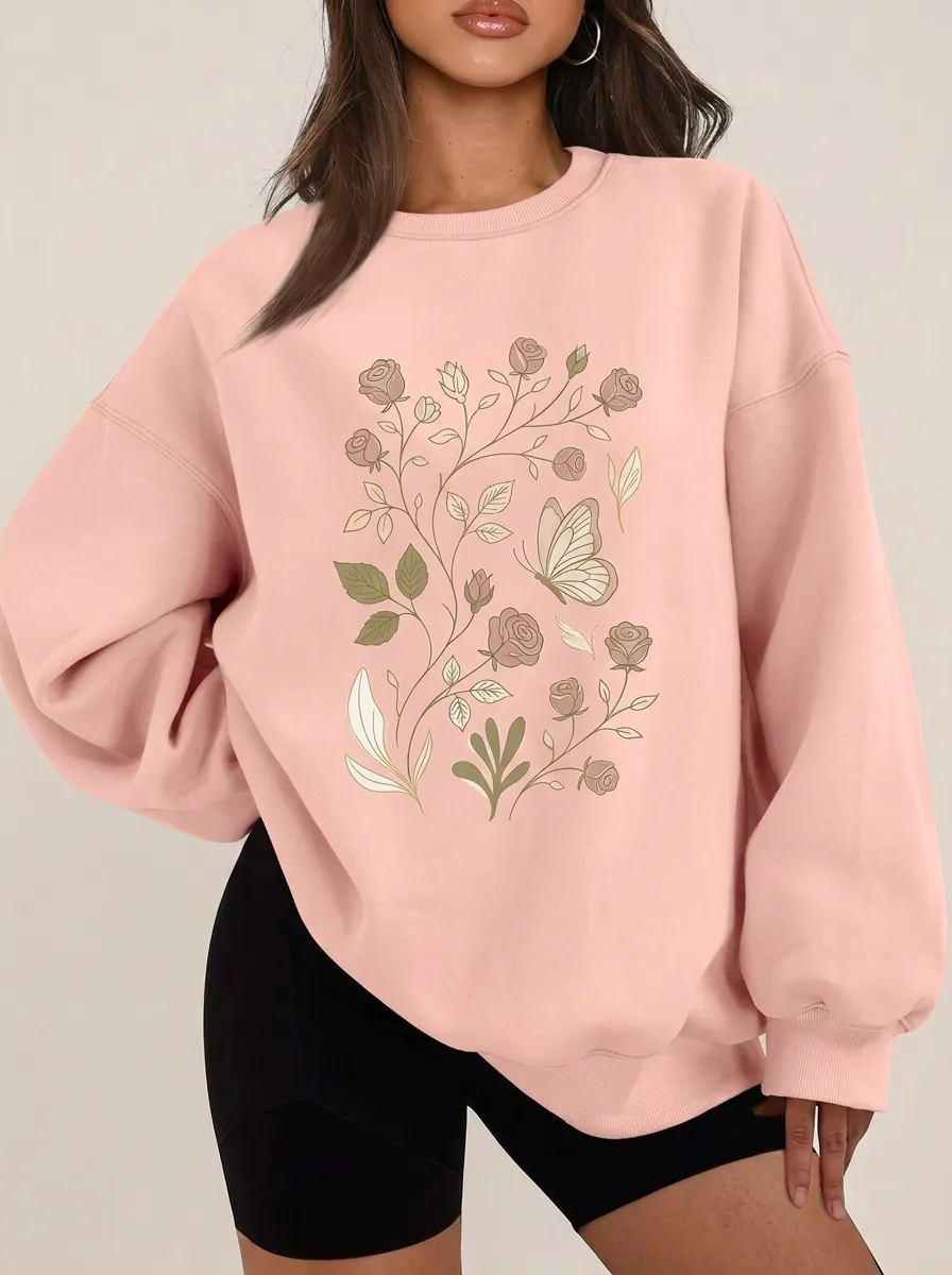 Women's Aesthetic Floral Butterfly Botanical Printed Sweatshirt