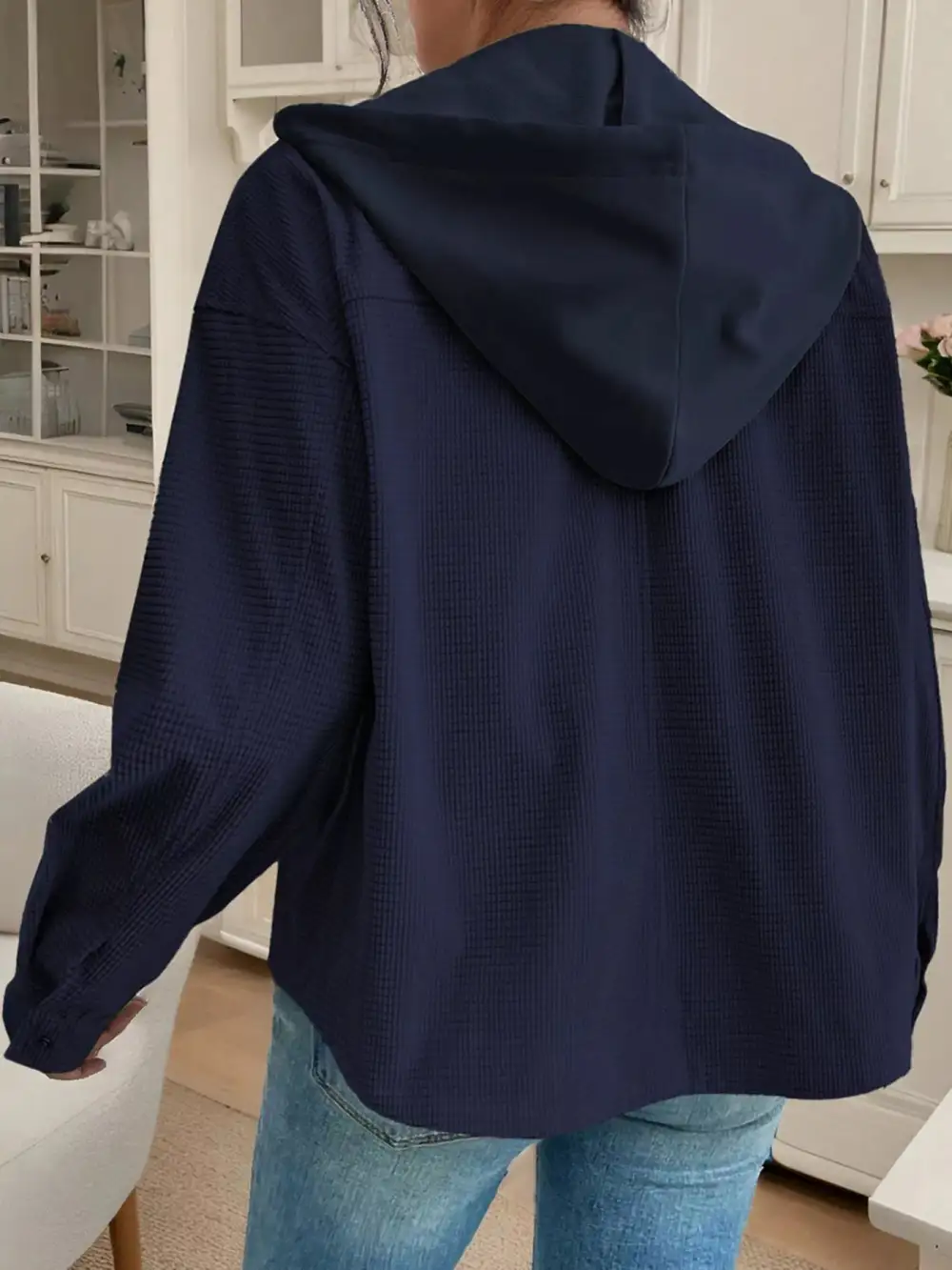 Hooded Waffle Knit Zip-up Jacket