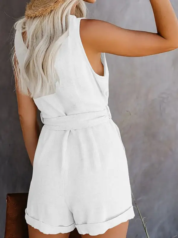 Woven V Neck Button Up Sleeveless Jumpsuit