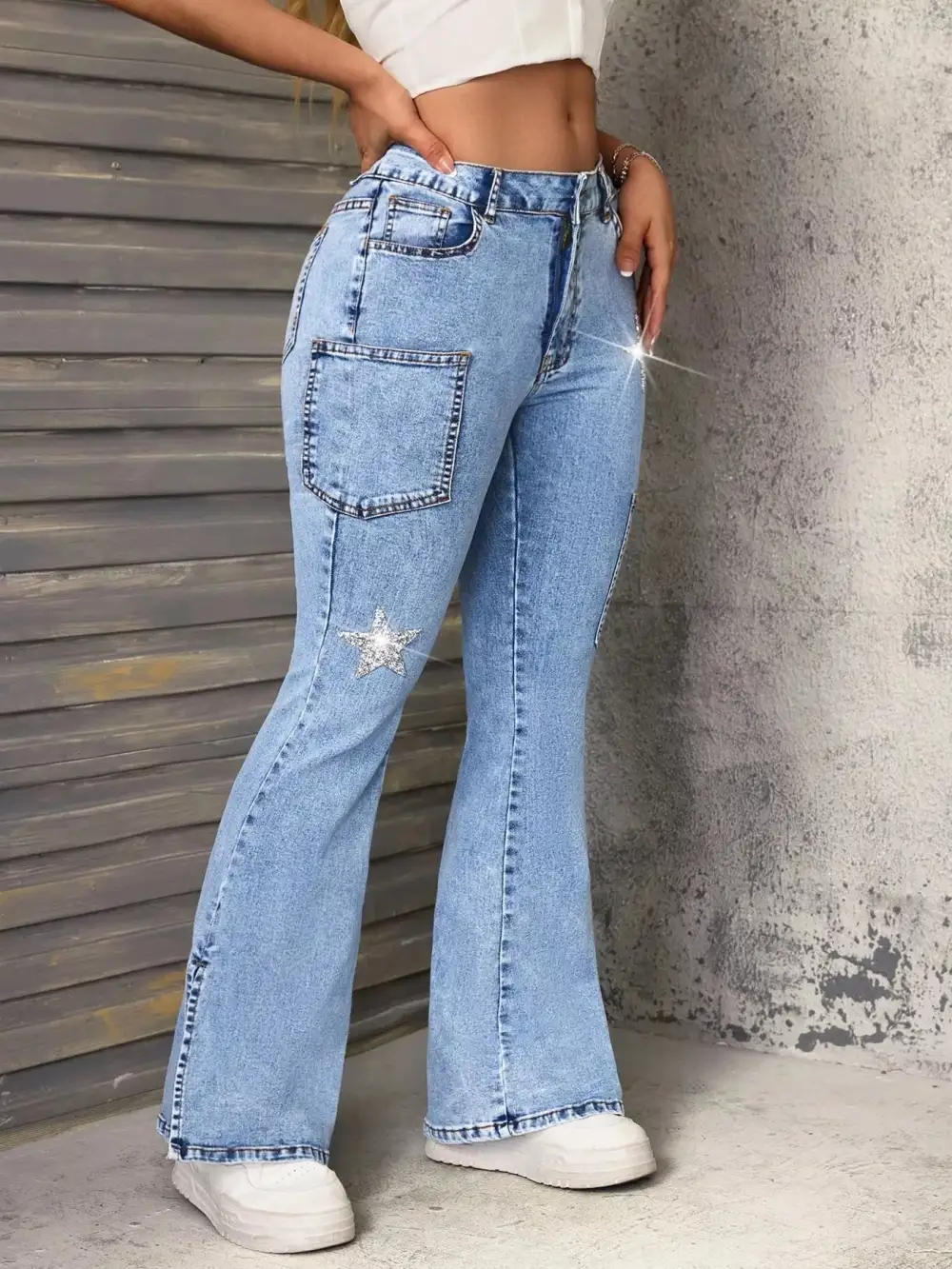 Women' High Waisted Casual Denim Slit Star Flare Leg Jeans