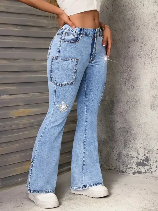 Women' High Waisted Casual Denim Slit Star Flare Leg Jeans