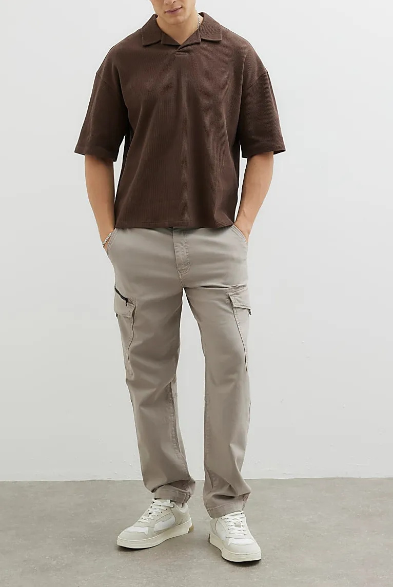 Men's Brown Stylish Ribbed Polo Shirt Short Sleeves