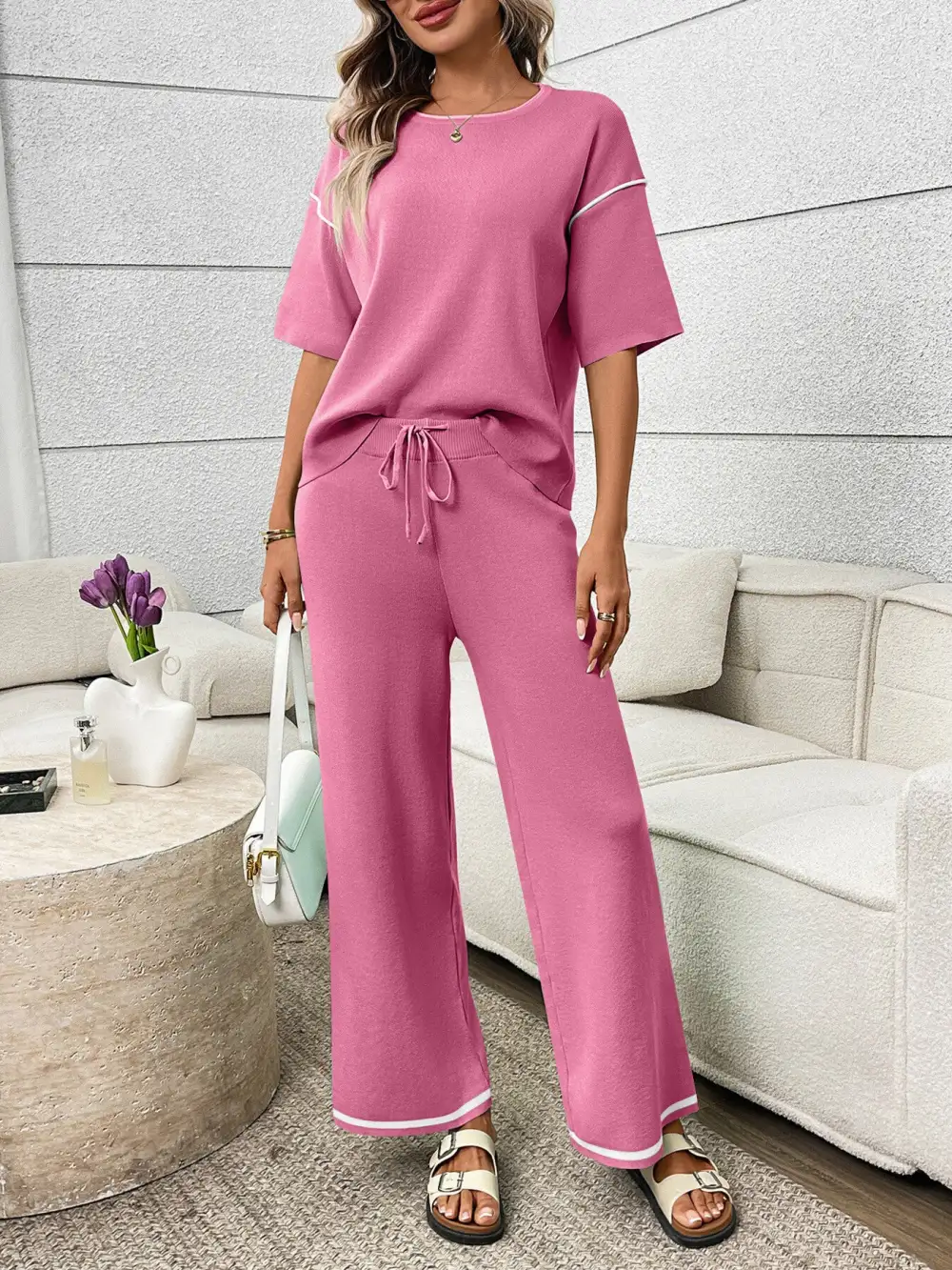 Round Neck Half Sleeve Top and Pants Set