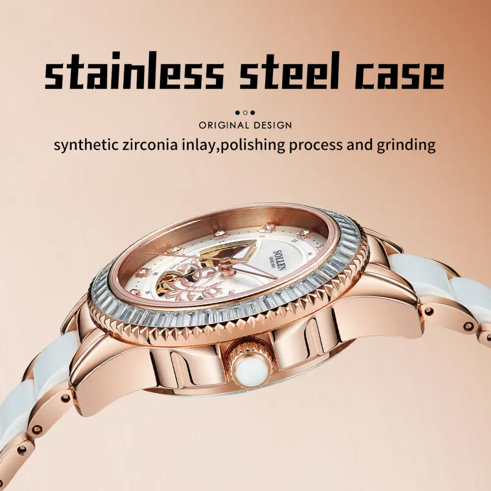Sollen SL402 Women's Skeleton Automatic Mechanical Watch - 32.5mm Crystal Bezel Mother of Pearl Dial Ceramic Stainless Steel Bracelet Wristwatch