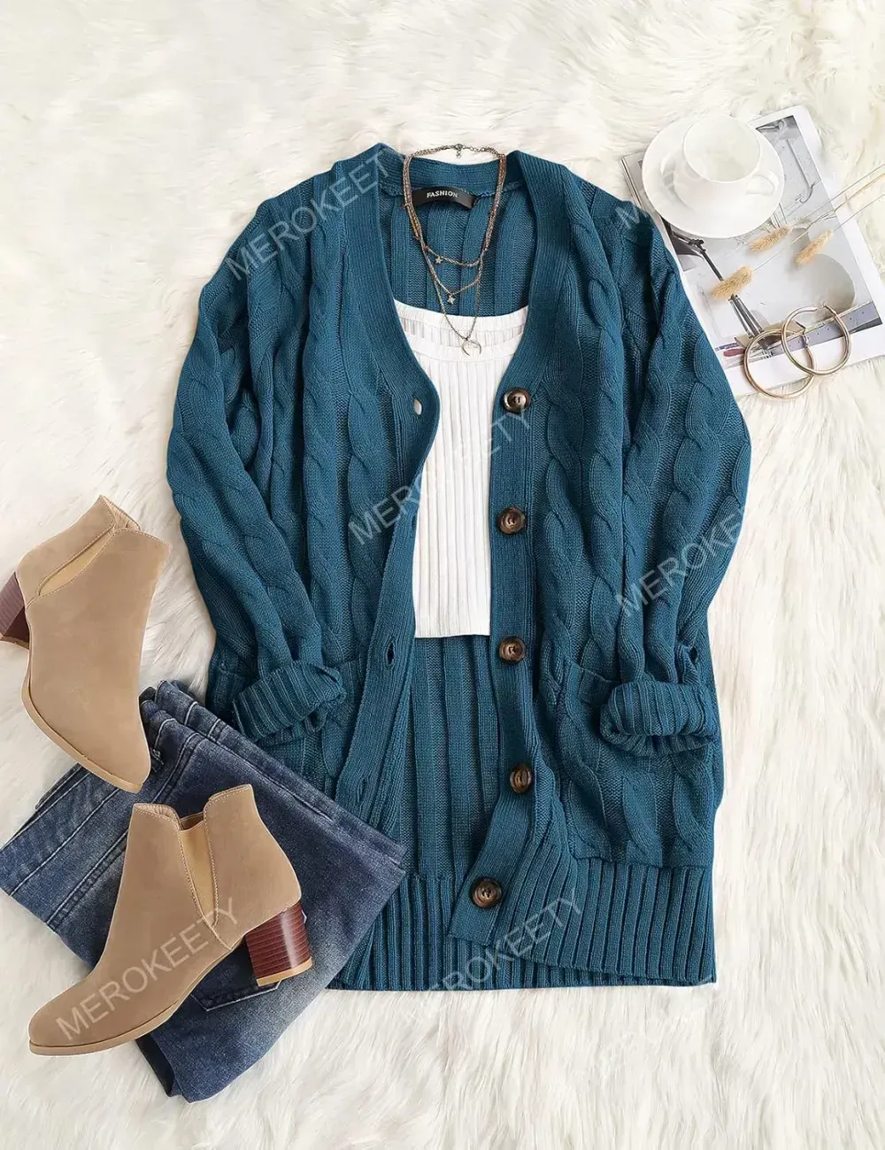 MEROKEETY Women's 2024 Fall Long Sleeve Cable Knit Sweater Open Front Cardigan Button Loose Outerwear