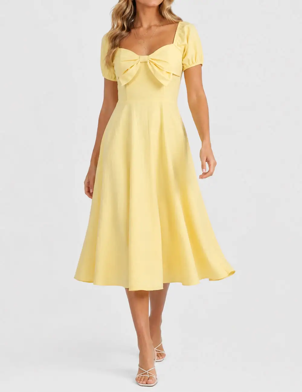 Bow Square Neck Solid Color Short Sleeves Midi Dress