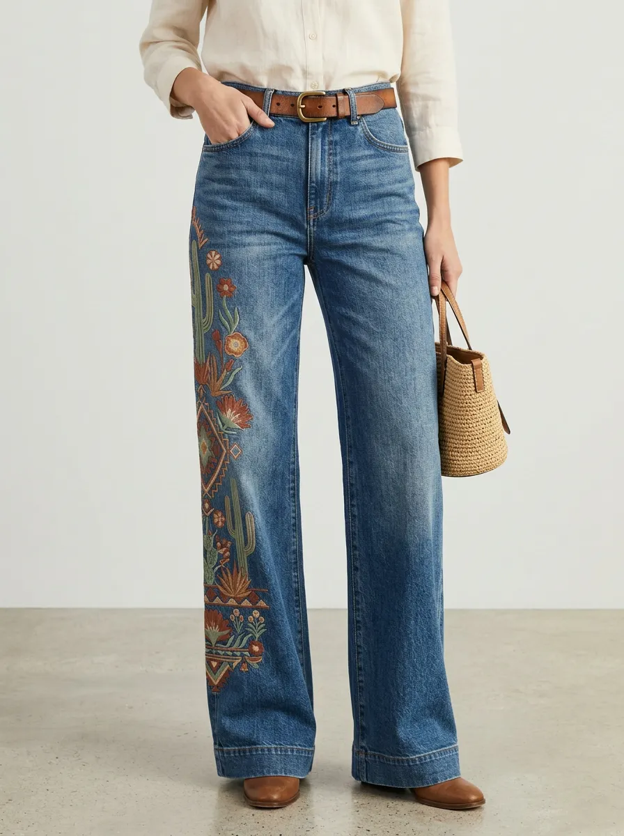 Women's Boho Cactus Floral Embroidered Printed Straight Leg Jeans