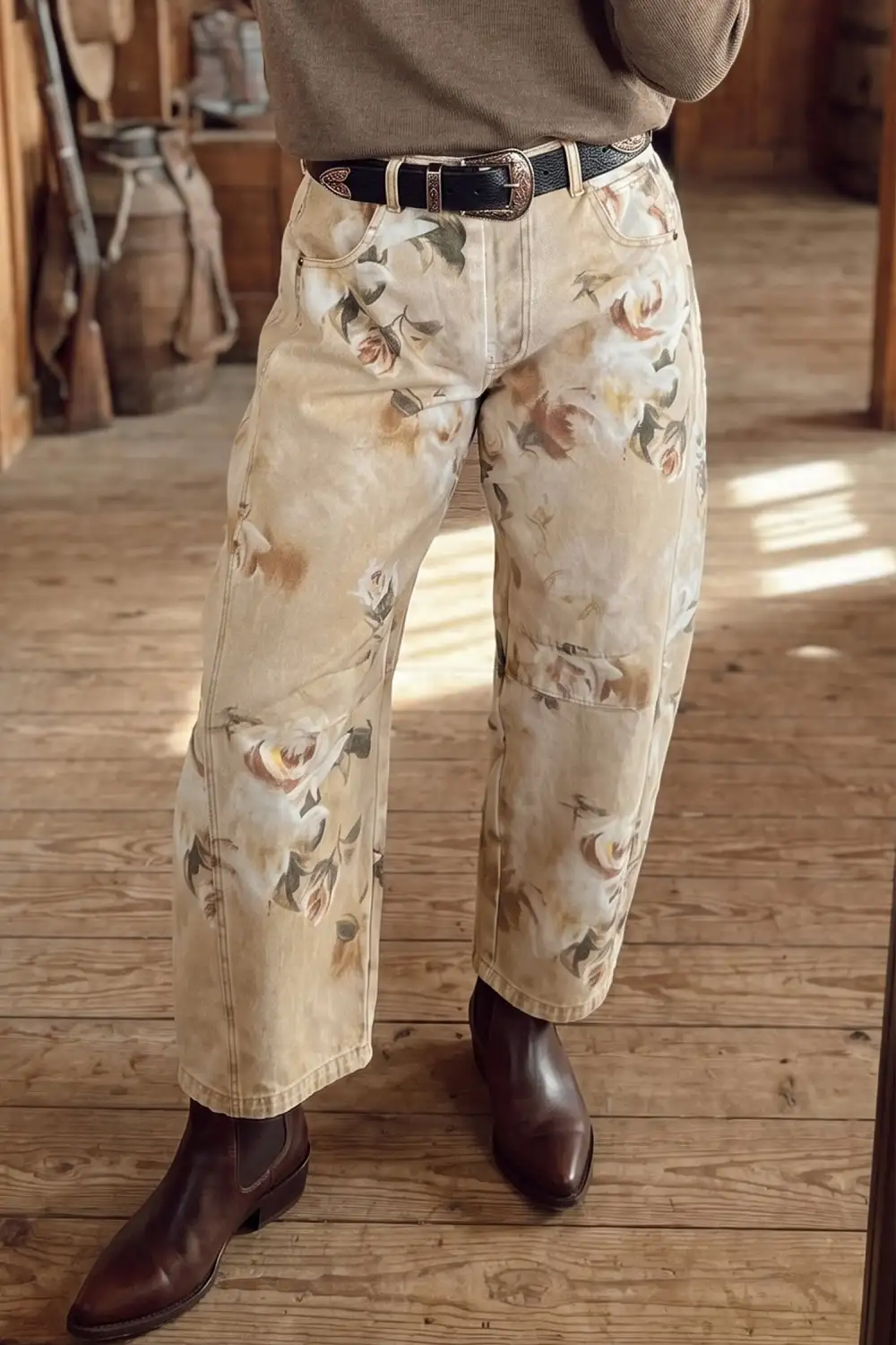Women's Retro Floral Print Relaxed Barrel Jeans