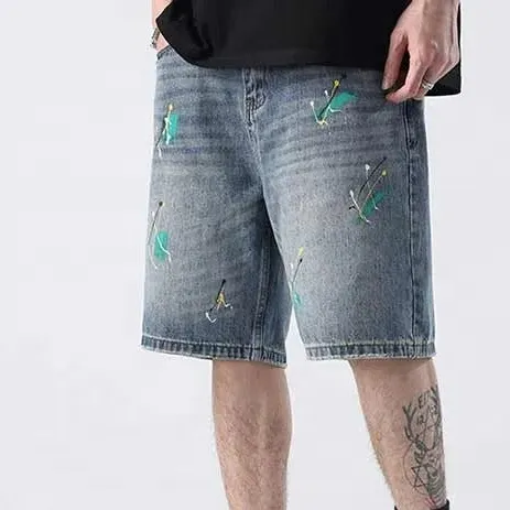 Relaxed Fit Paint Splatter Washed Denim Shorts