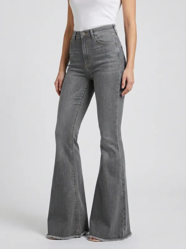 Five Pocket Raw Hem Faded Finish Flare Jeans