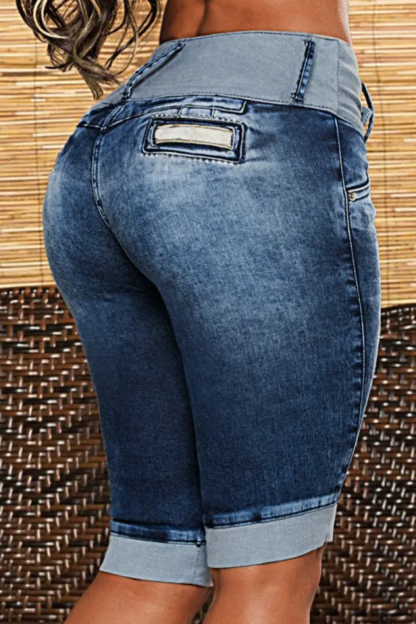 Two Tone Button Front Ripped Denim Bermuda Shorts