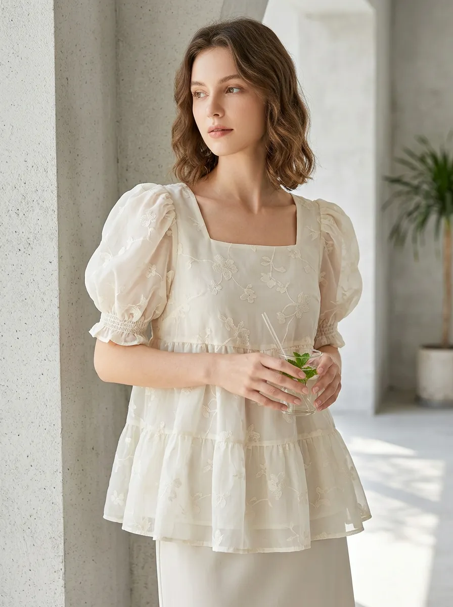 Embroidered Floral Square-Neck Women's Puff-Sleeve Blouse