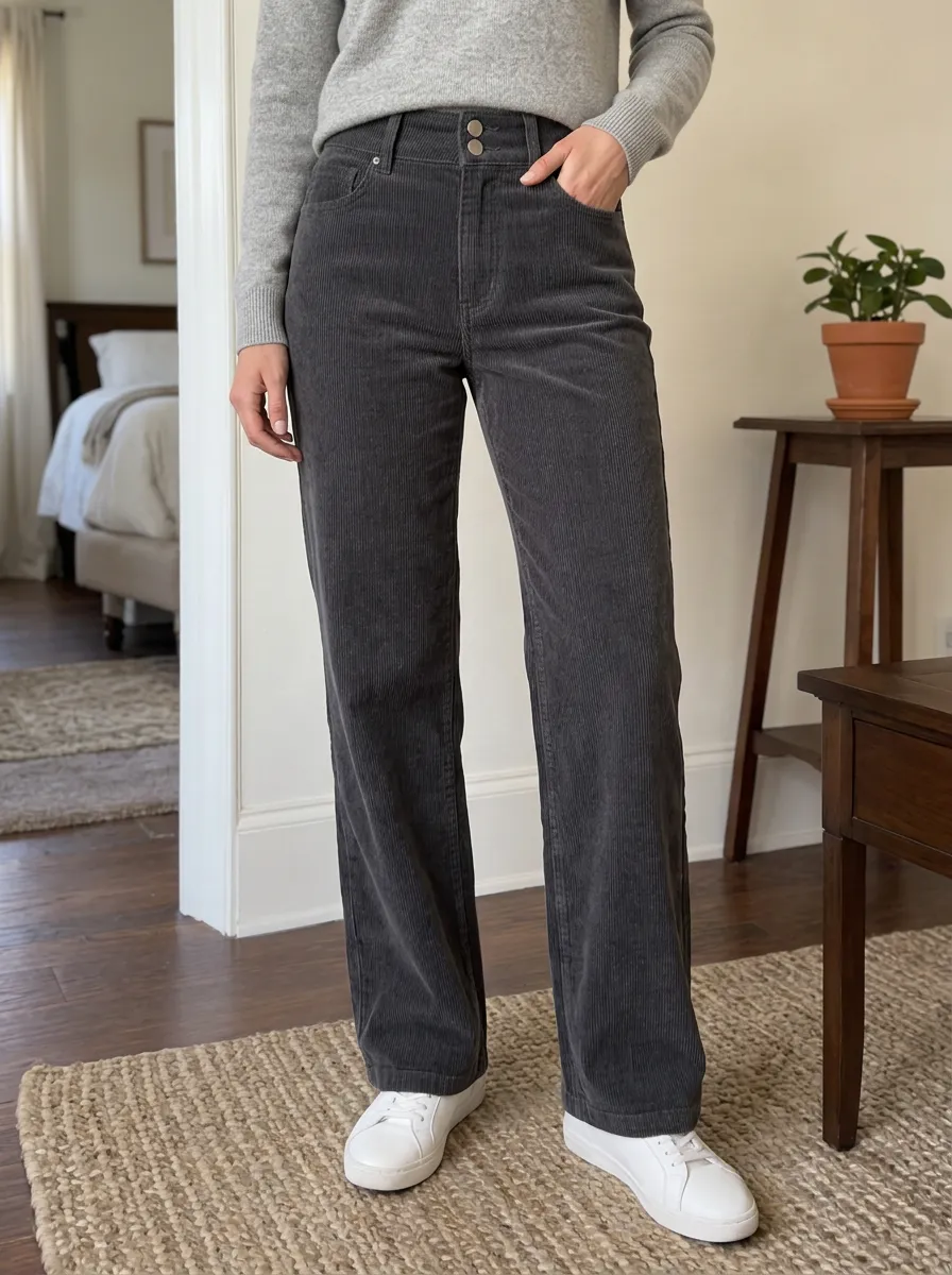 Women's Casual Daily Wear Charcoal Corduroy High-Waisted Pants