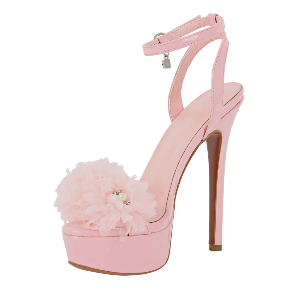 Platform Flower Rhinestone Ankle Strap Sandals