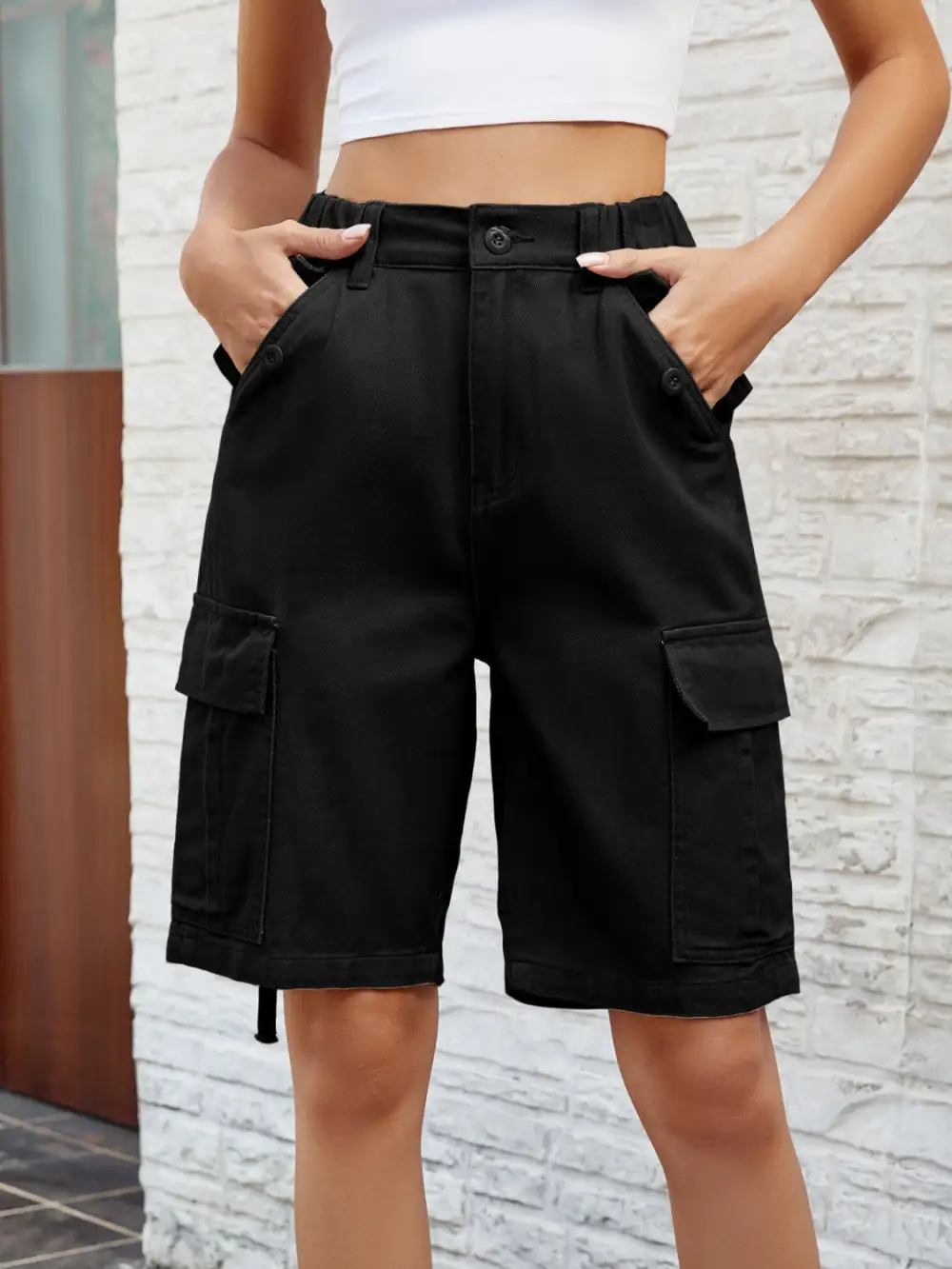 Tailored High Waist Denim Shorts with Pockets