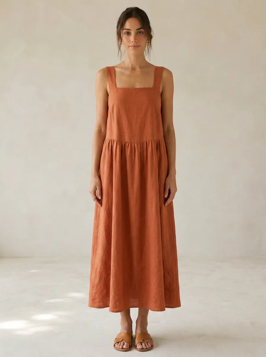 Women's Warm-Weather Casual Linen Midi Backless Dress