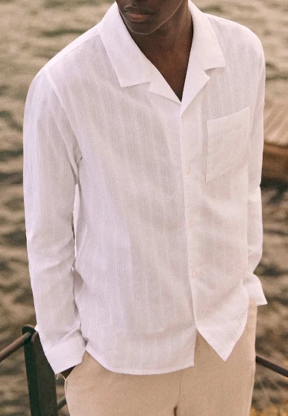 White Linen Blend Relaxed Fit Camp Collar Shirt
