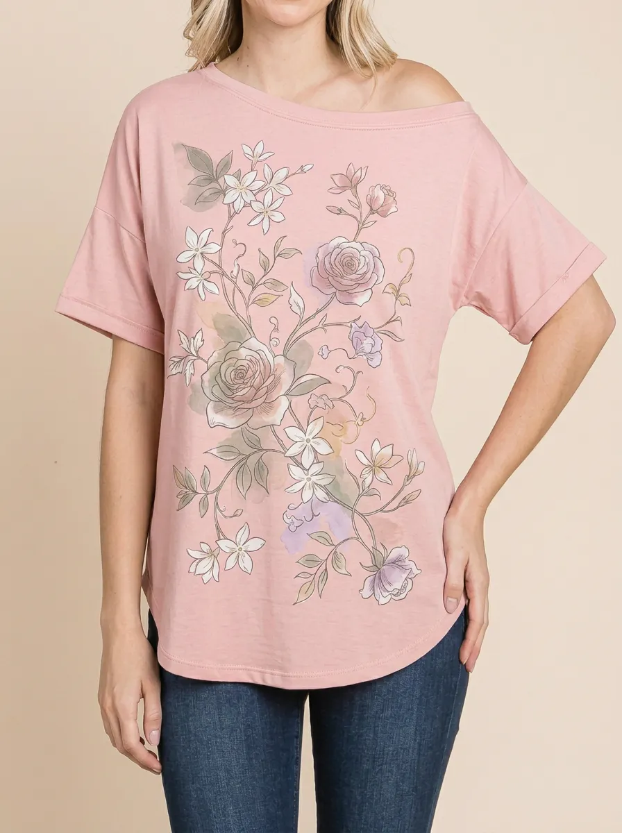 Women's Floral Art Watercolor Rose Printed Off-Shoulder Top