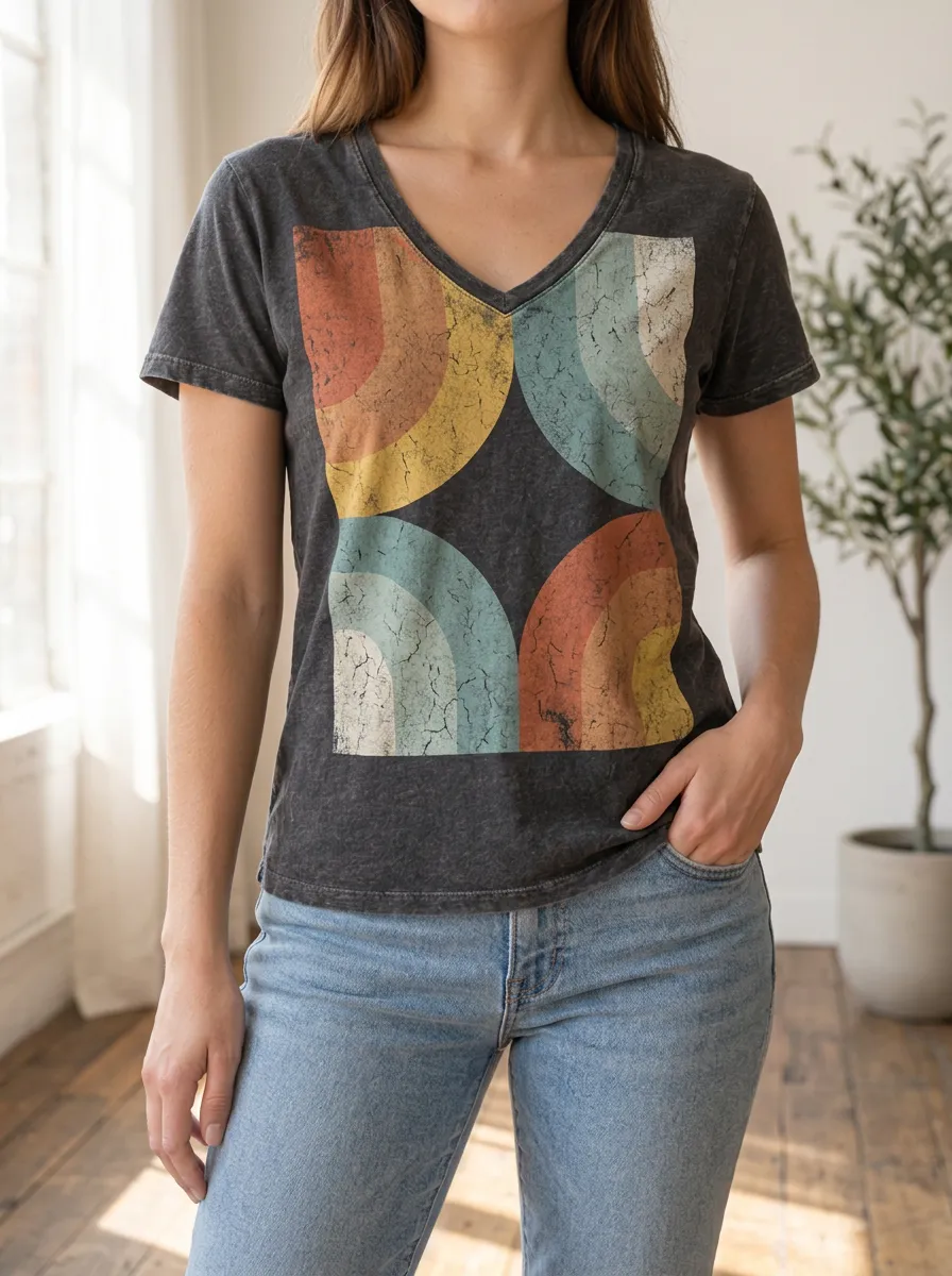 Women's Retro Retro Rainbow Geometric V-Neck T-Shirt