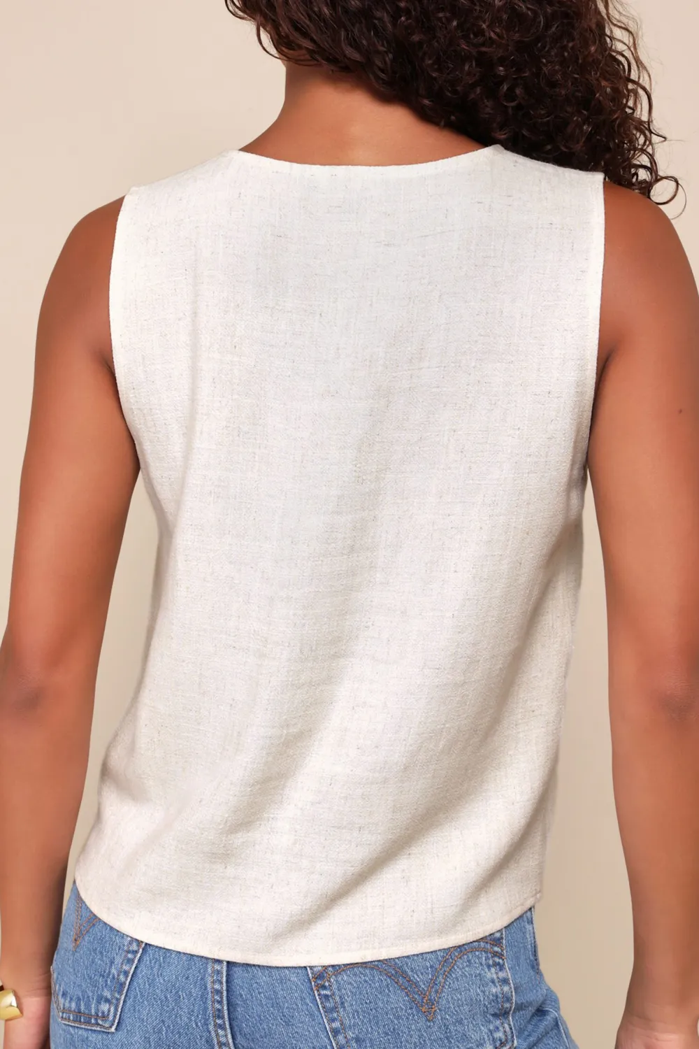 Casual Style Linen Sleeveless Button-Front Top