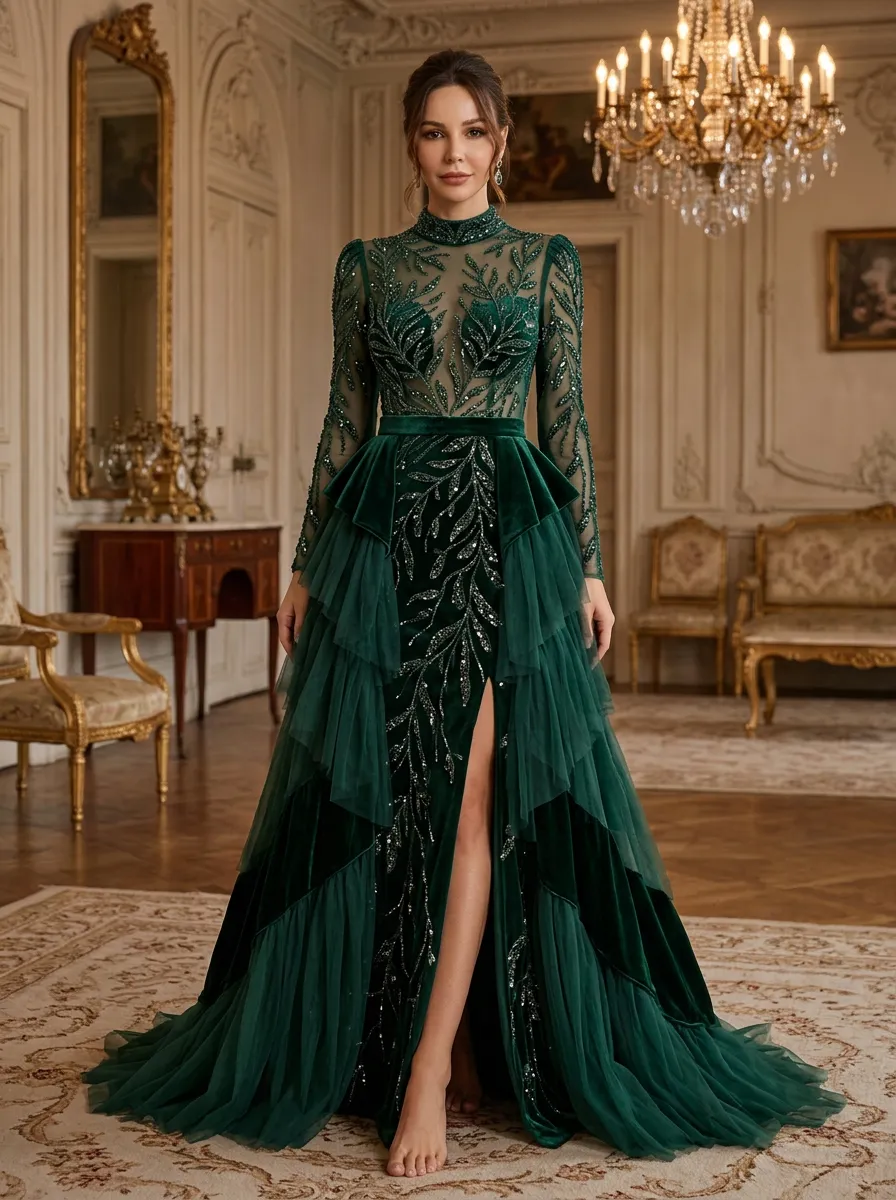 Women's Leaf Sequin Embroidered Tulle Evening Gown