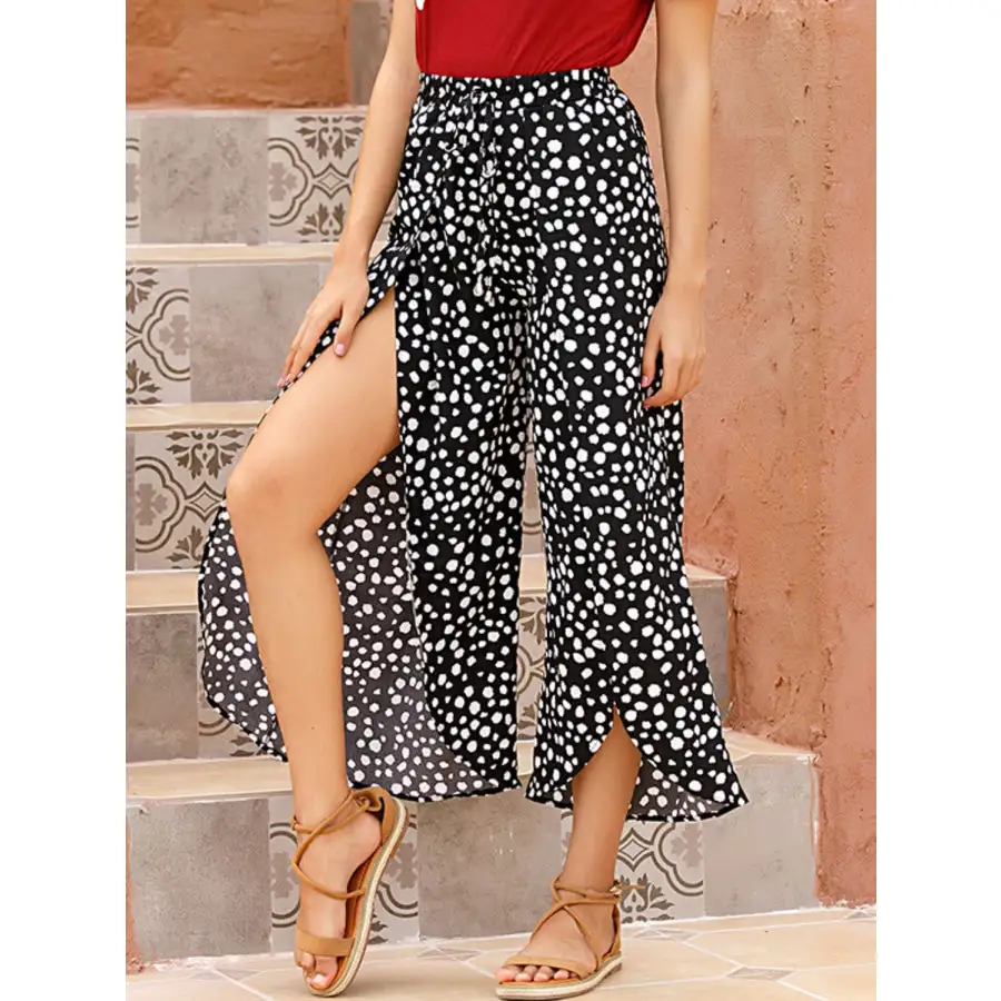 Perfee Slit Polka Dot Wide Leg Pants