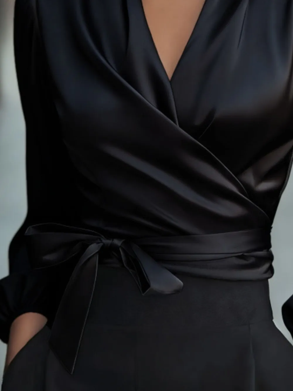 Satin Tie Waist Wrap Blouse