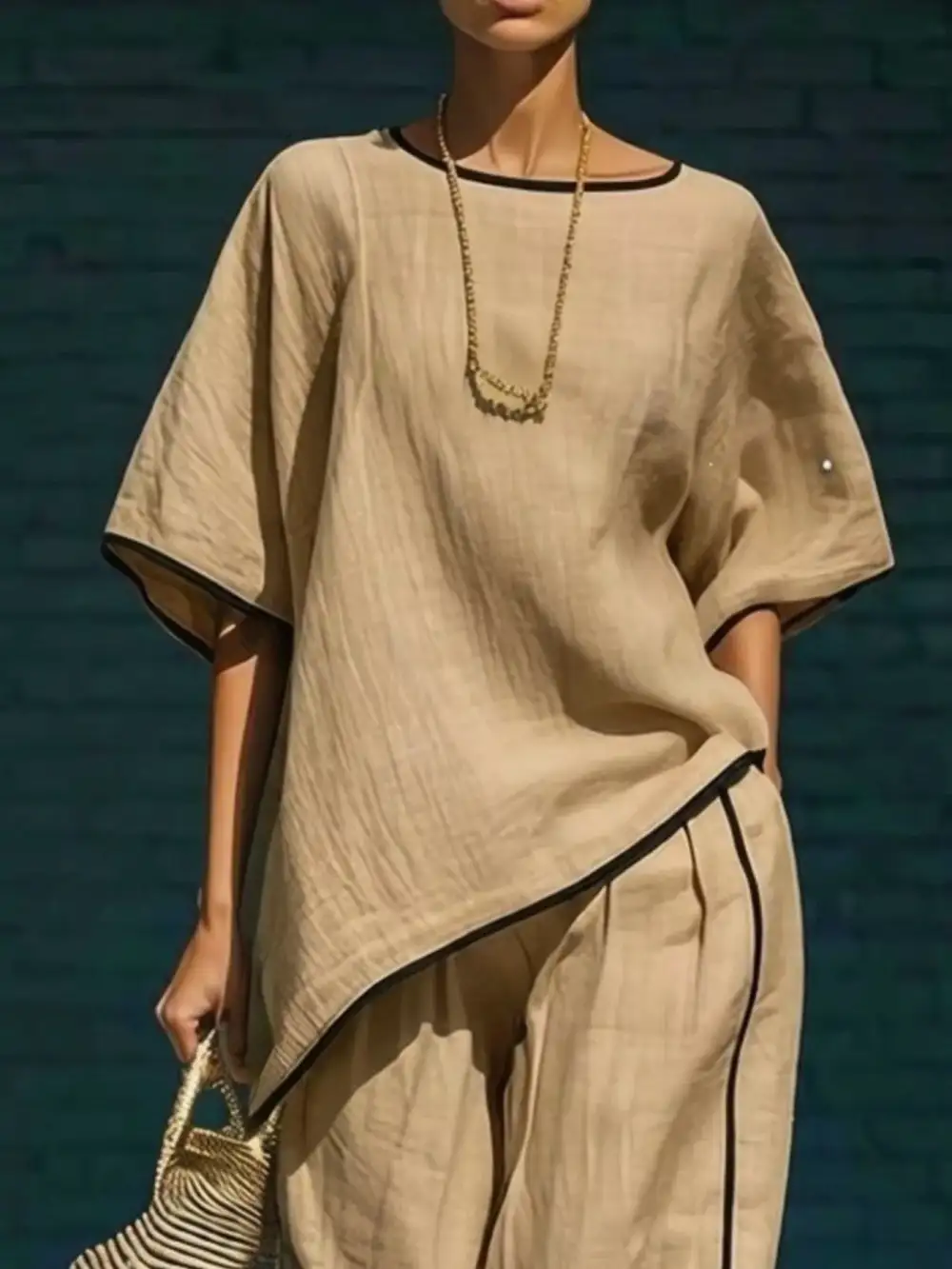 Contrast Trim Round Neck Top and Pants Set
