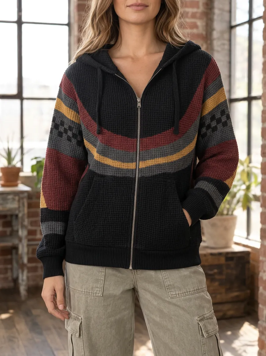 Women's Boho Striped Signature Composition Waffle Zip-Up Hoodie